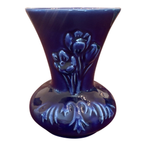 Mid 20th Century Van Briggle Arts & Crafts Ming Blue Glazed Ceramic Vase With Floral Motif