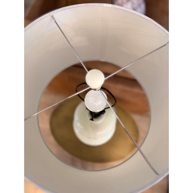 Metal Pottery Barn Double Gourd Cream Ceramic Table Lamp 26”x9” With 15”White Drum Shade For Sale - Image 7 of 8