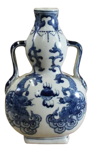 Chinese Blue White Porcelain Dragons Scroll Graphic Gourd Shape Vase
