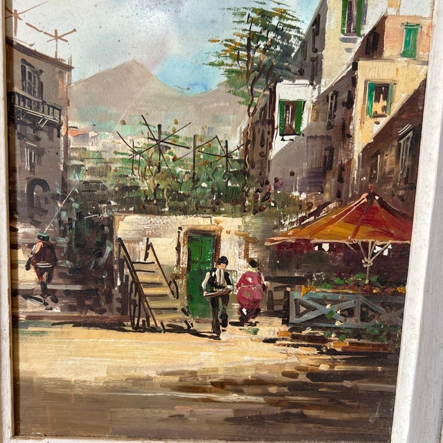 Mid 20th Century Mid 20th Century Figurative Painting in Grey Washed Carved Wood Frame For Sale - Image 5 of 11