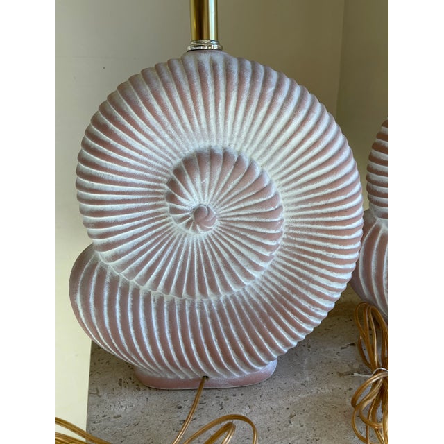 Orange Pair of 1970s Mid Century Nautilus Shell Pottery Lamps Made in France in the Style of Jean Charles Moreux For Sale - Image 8 of 12