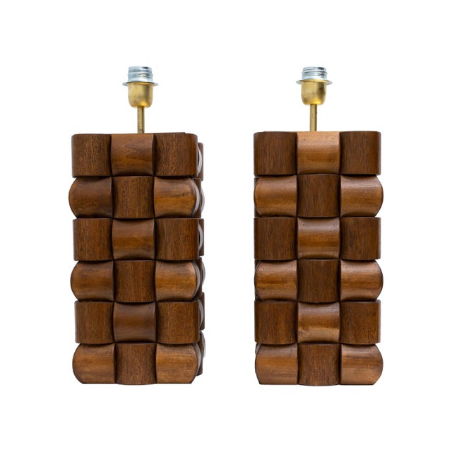 2000 - 2009 Sculptural Teak and Brass Table Lamps, Italy, 2000, Set of 2 For Sale - Image 5 of 7