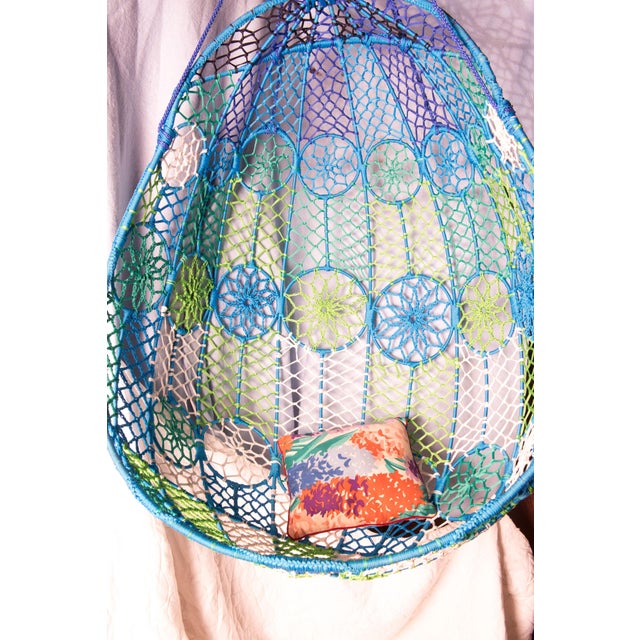Early 21st Century Groovy Mod Woven Fiber Cord Hanging Egg Chair in Blue Green White For Sale - Image 5 of 13