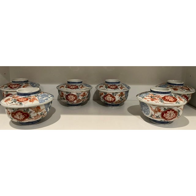 Antique Colored-Imari Rice/Soup Bowls With Lids - Rare Collection of Set of 12 For Sale - Image 4 of 18