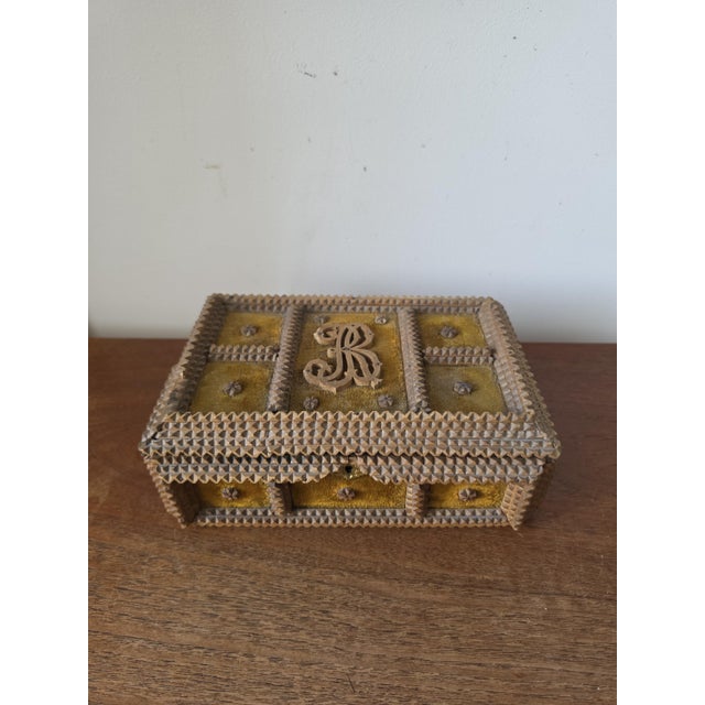 Folk Art Antique Tramp Art Box Hand Carved Folk Art Keepsake Box Monogram R Velvet Jewelry Box Primitive Wooden Storage Decor For Sale - Image 3 of 15