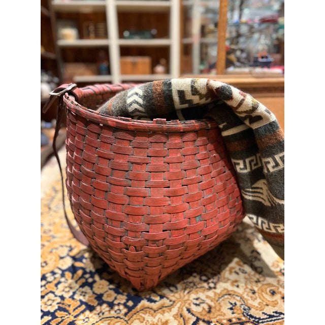 Rare Antique Apple Picking Basket With Leather Straps and Original Red Paint For Sale - Image 4 of 16