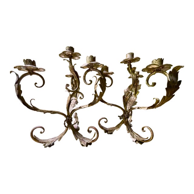 Mid 20th Century Pair of Italian Silver Gilt Tole 4 Light Candelabra Candle Holder Lights Leaf & Swirl For Sale