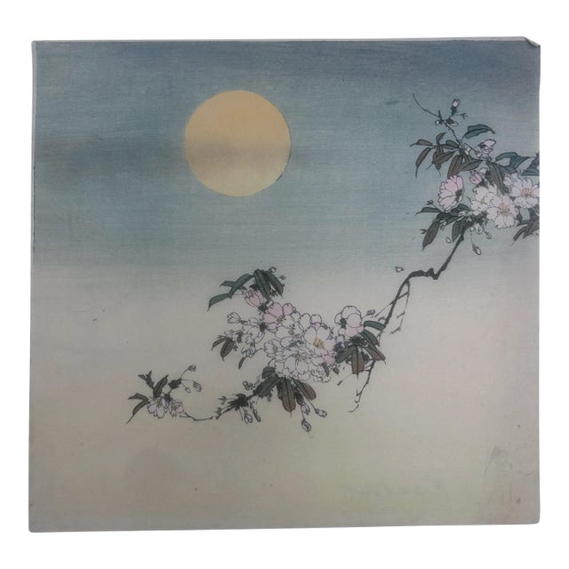 19th Century Antique Japanese Blossoms in Moonlight Ink Woodblock Print by Kason For Sale