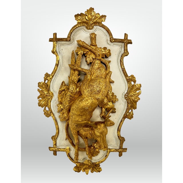 Beautiful matched pair of Gilt Hanging Wooden Carved Plaques. Depicting a meticulously detailed hunting scene of a stag...