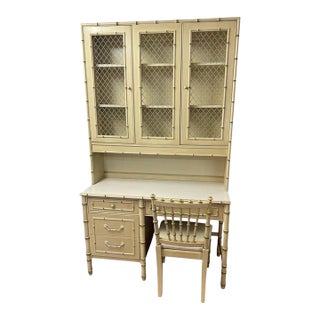 Thomasville Allegro Faux Bamboo Desk With Bookcase Hutch Top and Chair For Sale