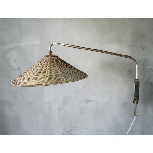 Mid-Century Modern Adjustable Wall Light in Brass and Rattan by Valinte Finland, 1950s For Sale - Image 3 of 11