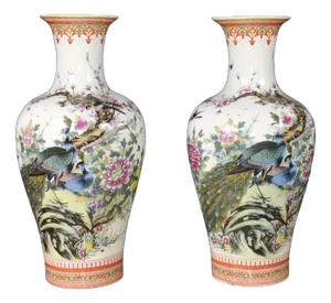 Chinese Doucai Porcelain Vases with Pheasant Paintings, Set of 2