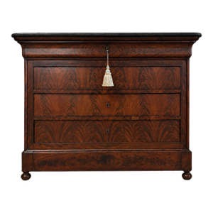 19thC Louis Philippe Flame Mahogany Commode With Gray Marble Top and Bun Feet