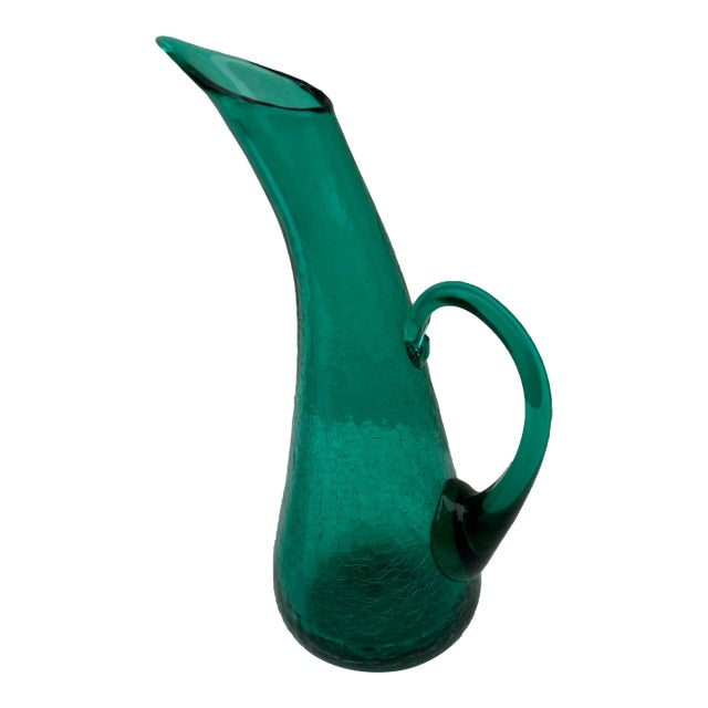 1950s Vintage Teal / Emerald Crackle Glass Mid-Century Tall Pitcher For Sale