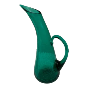 Pitcher: 1950s Vintage Teal / Emerald Crackle Glass Mid-Century Tall Pitcher