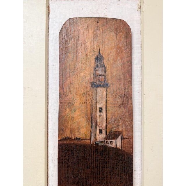 Wood Vintage Painting Lighthouse Folk Art on Tan Wooden Frame Coastal Nautical For Sale - Image 7 of 7