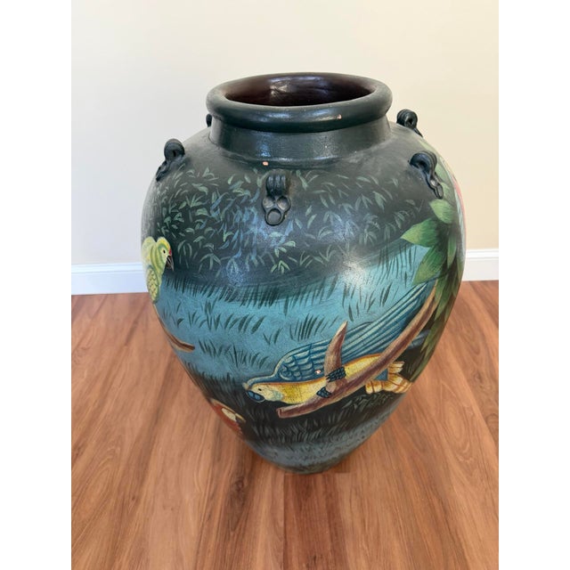 Dark Green 20th Century Hand-Painted Ceramic Urn With Rainforest & Parrot Motif For Sale - Image 8 of 15