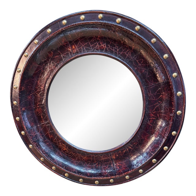 Late 20th Century Round Distressed Leather-Like Covered Mirror Brass Nailheads For Sale