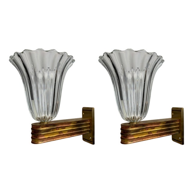 Murano Glass Wall Lamps attributed to Ercole Barovier, Italy, 1940s, Set of 2 For Sale