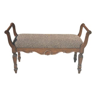 Vintage, Neoclassical-Style, Animal Print Upholstered, Window Bench, With Shell and Barley Twist Accents For Sale