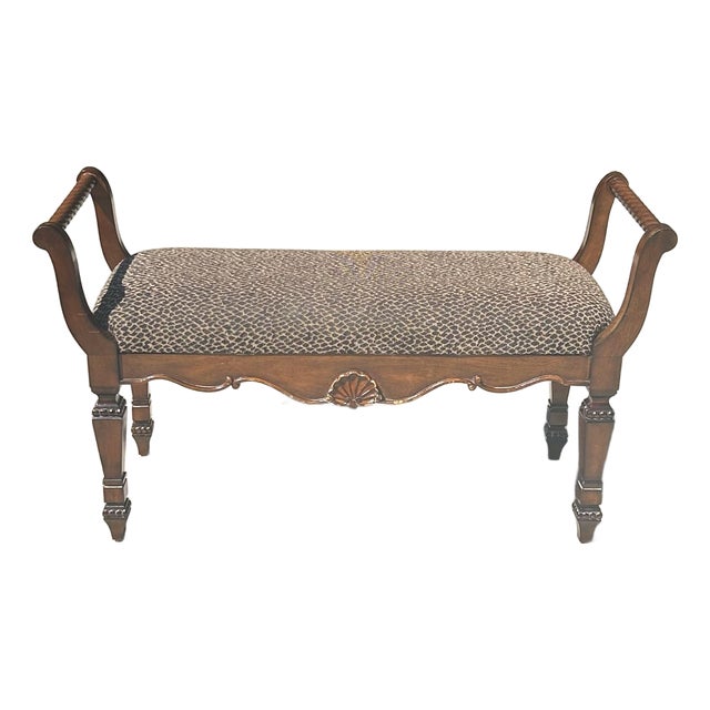 Vintage, Neoclassical-Style, Animal Print Upholstered, Window Bench, With Shell and Barley Twist Accents For Sale