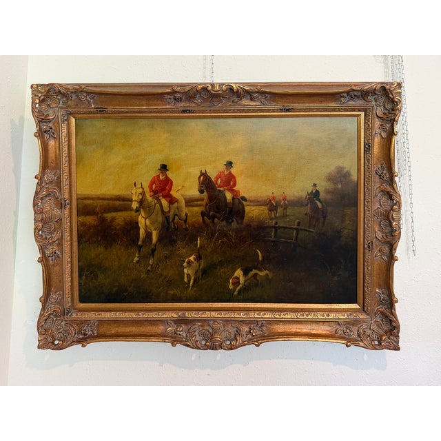 Paint Large Vintage Oil Painting English Fox Hunt Horses Hounds Hunting Scene Signed For Sale - Image 7 of 12