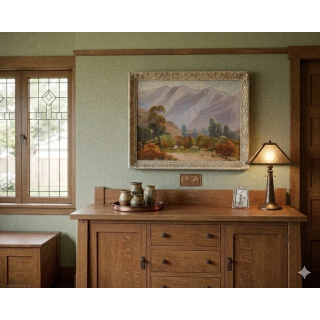 An exquisite early 20th-century plein air oil painting capturing a classic California Eucalyptus School vista. The...