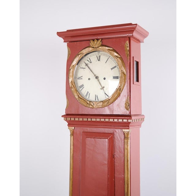 Red Painted Bornholm Longcase Clock with Carved Details, 1820s For Sale - Image 5 of 15