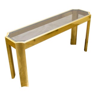 1970s Mid Century Modern Console Table Entry Sofa Metal Brass Glass Vintage Baughman For Sale