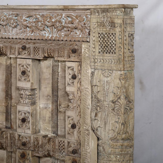 King Headboard Constructed From an Antique Indian Carved Teakwood Door and Pillars For Sale - Image 4 of 6