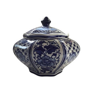 Asian Style Blue & White Porcelain Jar For Sale