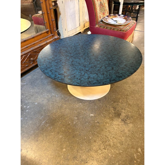 Rare Maurice Burke for Arkana round coffee table. Possibly a custom formica top with a blue and black abstract pattern....