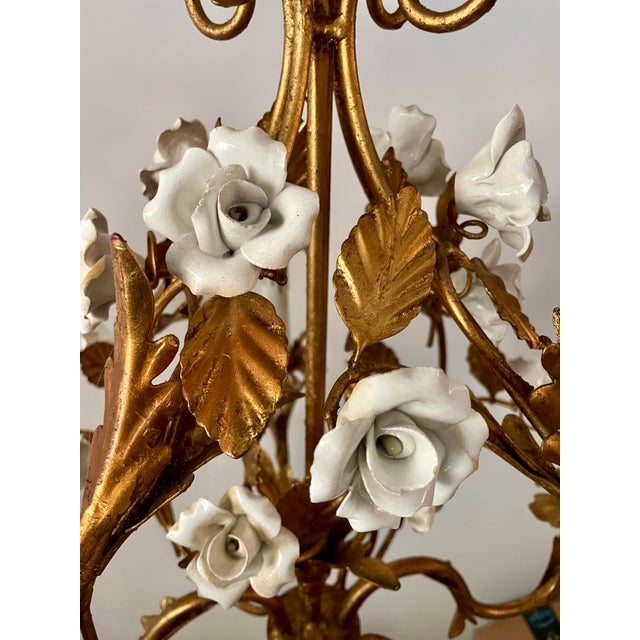 Vintage Italian Style Gilt Tole Chandelier With Porcelain Roses For Sale - Image 9 of 12