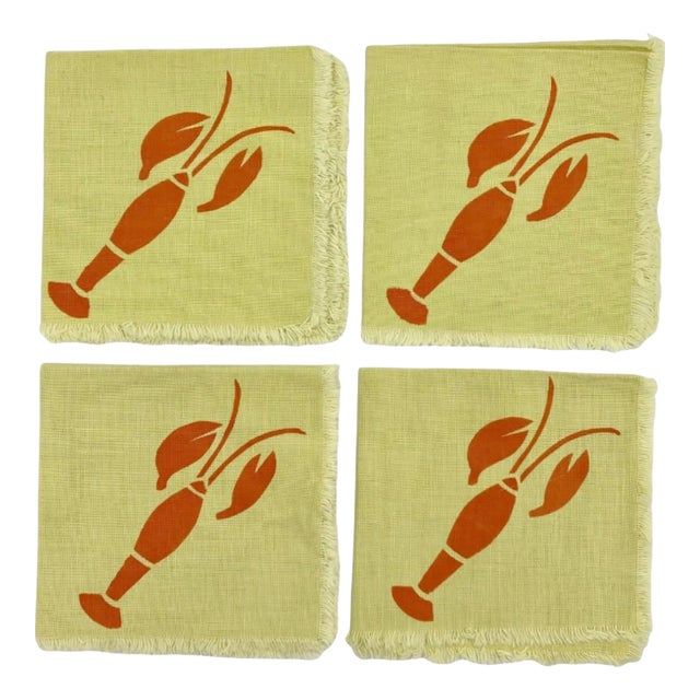 Vintage Lobster Cocktail Napkins Tan Beige Linen Nantucket - Set of 4 For Sale