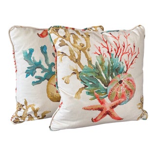 Coastal Sealife Watercolor Self Welt Down Insert Pillows-Pair For Sale