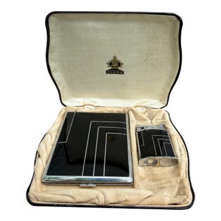 1920s Evan Art Deco Machine Age Cigarette Case Holder Lighter Black Enamel Chrome For Sale