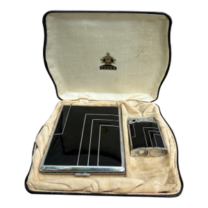 1920s Evan Art Deco Machine Age Cigarette Case Holder Lighter Black Enamel Chrome