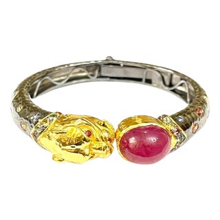 Bochic "Orient" Vintage Dragon Bangle Set 18k Gold & Silver Ruby & Sapphires For Sale