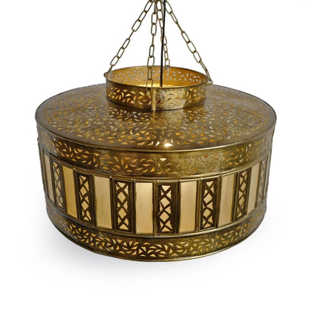 Vintage Brass & Frosted Glass Striped Pendant Light Small For Sale - Image 4 of 6