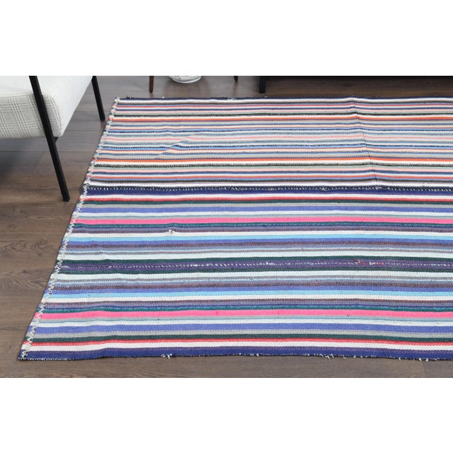 Textile 1970s Vintage Turkish Oushak Handmade Wool Cotton Blue Area Rug For Sale - Image 7 of 12