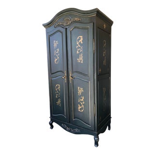 Vintage Deep Teal & Gold Stenciled Armoire For Sale