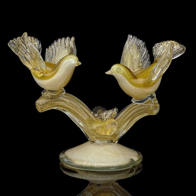 Beautiful vintage Murano hand blown white, olive green and gold flecks Italian art glass birds on branch sculpture....