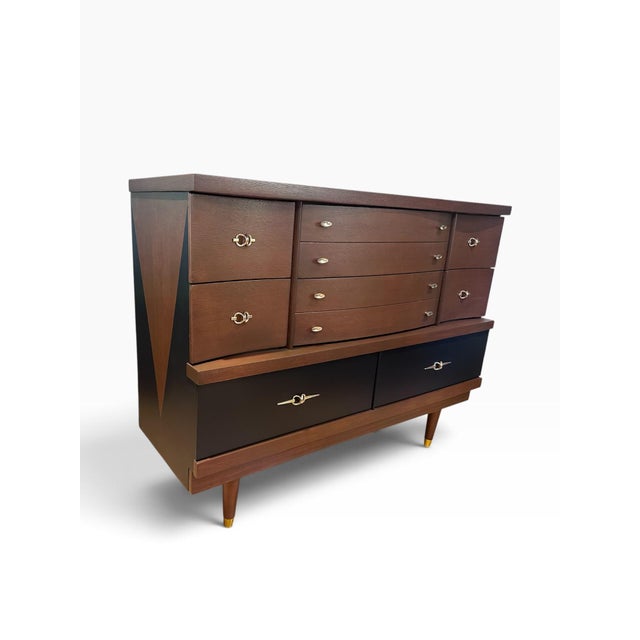 Bassett Furniture Custom Reimagined Bassett Mid-Century Modern Dresser | Vintage Oak Geometric Credenza | Matte Black Natural Wood Tuxedo Sideboard Buffet For Sale - Image 4 of 11