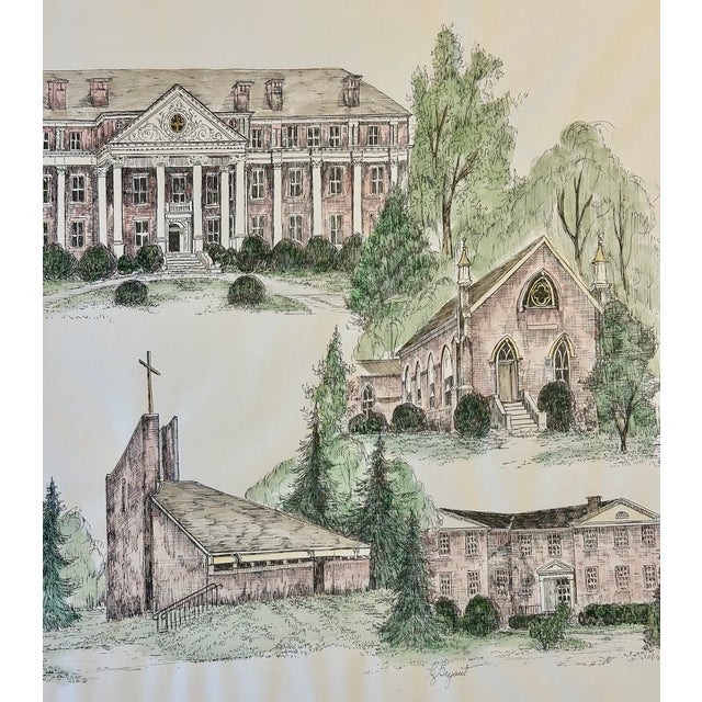 A charming late 20th-century hand-colored architectural print by artist Liz Bryant, depicting a collection of notable...