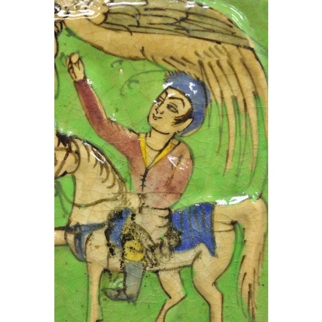 Antique Persian Iznik Qajar Style Ceramic Pottery Green Tile Phoenix W/ Rider C4 For Sale - Image 4 of 10