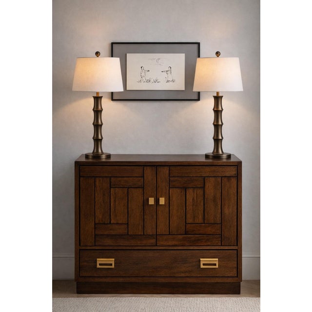 Late 20th Century Late 20th Century Sculptural Segmented Column Aged Bronze Finish Table Lamps Bamboo Form Influence 32” H (L324) - a Pair For Sale - Image 5 of 8