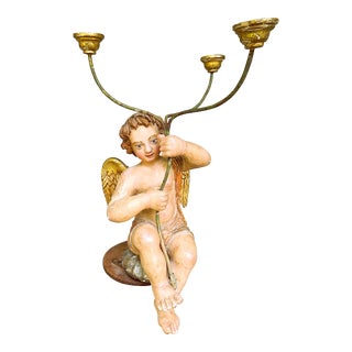 19th Century Portuguese Colonial Carved Iron Fitted Cherub Pricket / Candelabra / Lumiere For Sale