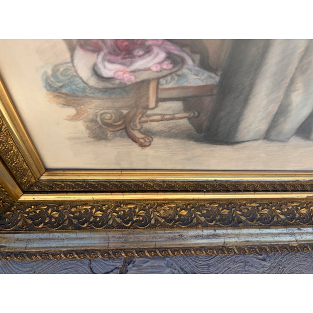Large 32" Antique Edwardian Gilded Florentine Framed Full-Length Crayon Portrait For Sale In Phoenix - Image 6 of 11