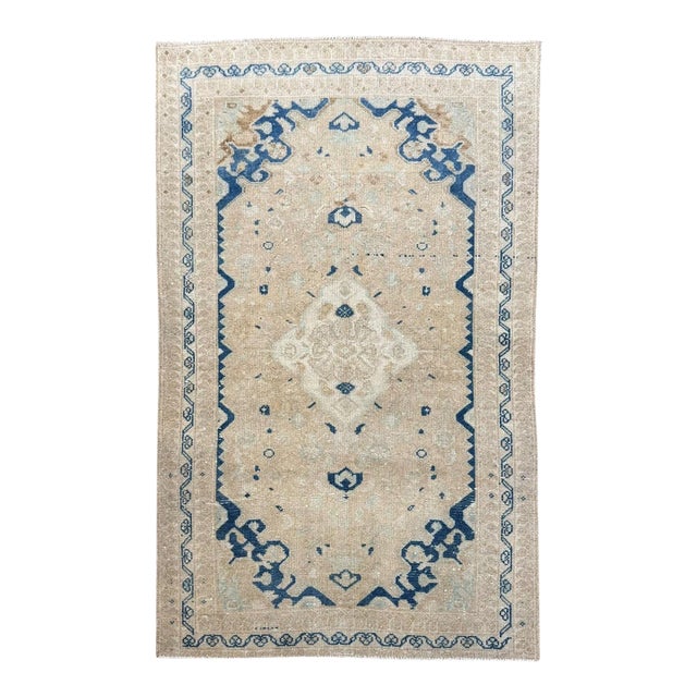Antique Rug 3x5 | Soft Beige & Blue With Delicate Geometric Medallion For Sale