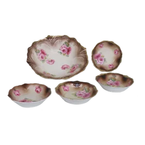 Ct Germany Altwasser Porcelain Pink Roses Serving Bowl With Four Dish Set